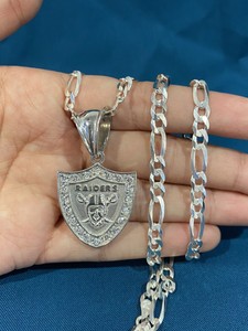 925 Sterling Silver Men's CZ Raiders NFL Football Pendant & Figaro Chain 24" 