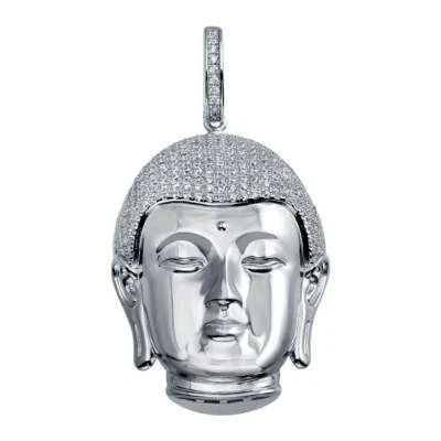 Pendente Hip Hop In Argento Sterling Con Testa Di Buddha E Micro Pave CZ - Immagine 1 di 3