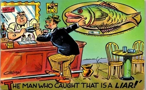 Vintage Humor Comic Cartoon Postcard Fishing Humor Man in Bar Liar Signed - Picture 1 of 3