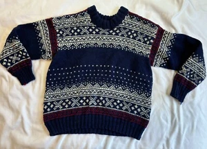 Handmade Wool Sweater Youth Size See Pics Blue Red White Thick Heavy Fair Isle - Picture 1 of 5