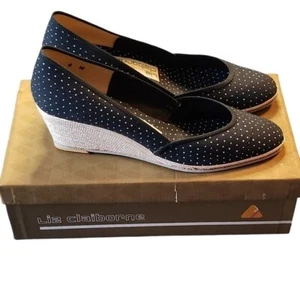 Vintage Liz Claiborne Fabric Navy Blue Polka Dot Wedge Heels Size 8M - Picture 1 of 12