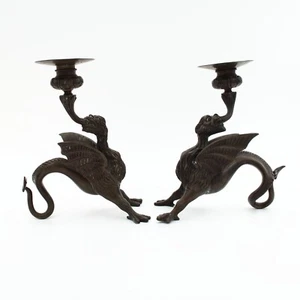 Bronze Wyvern Dragon Candlesticks Pair - Picture 1 of 24