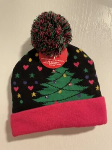 Light Up Christmas Beanie Christmas Tree Childs Hat Pink And Black - Picture 1 of 4