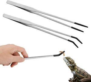2PCS Stainless Steel Reptile Feeding Tongs with Rubber Tip, 10.6” Straight & Cur - Picture 1 of 11