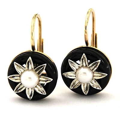 Orecchini in ORO Giallo 14 kt con ONICE e PERLE Pendenti a Monachella da Donna - Immagine 1 di 4