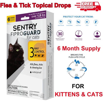Gotas tópicas para pulgas y garrapatas Sentry Fiproguard para gatos 6 dosis tratamiento control Foto 1 de 4