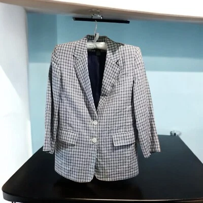 Lauren Ralph Lauren 女式 8P 亚麻格子内衬西装外套夹克蓝色象牙色口袋 — 第 1/4 张图片