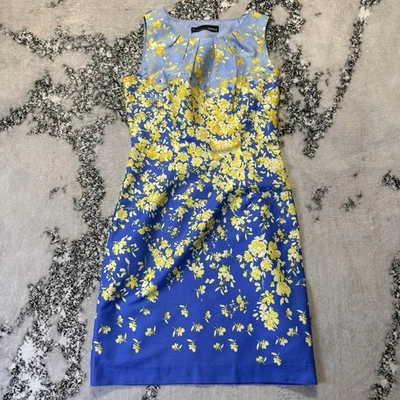 Vestido Chetta B Feminino Tamanho 4 Amarelo Azul Multi Estampa Floral Bainha Sem Mangas - Imagem 1 de 4
