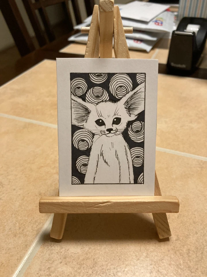 ACEO Original Art Painting Miniature card Mini ATC Abstract Zentangle Fennec Fox - Image 1 of 1