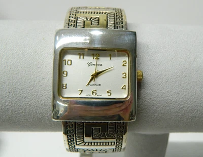 Silver tone w gold hue Geneva Platinum Aztec pattern women's cuff style watch - Image 1 of 4