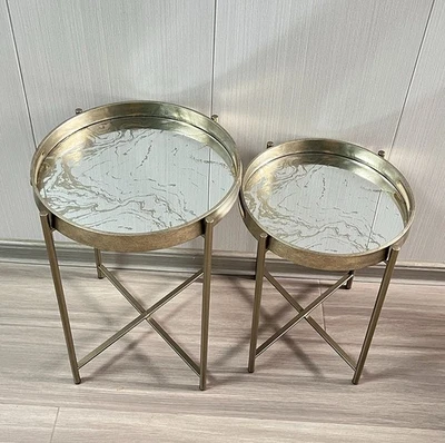 Set 2 Round Silver Gold Mirror Design Floral Marble Effect Side Removable Tray - Image 1 of 3