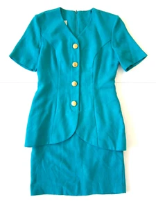 Vintage Petite Sophisticate Turquoise Green Gold Button Suit Jacket Dress Size 2 - Picture 1 of 9
