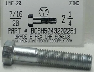 7/16-20x2-1/4 Hex Head Cap Screws Grade 5 Steel Zinc Plated (5) - Picture 1 of 1