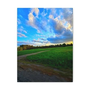 Nature Photo Print on Canvas: Blue Sky Clouds Over a Green Field with Trail - Picture 1 of 5