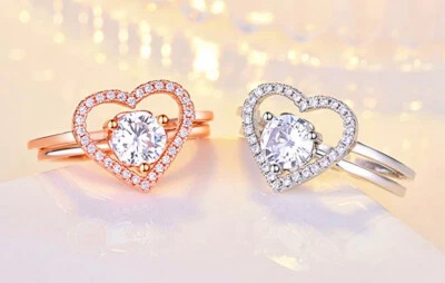2PCS Heart Adjustable Ring 925 Sterling Silver Women Girl Jewellery Love Gift UK - Image 1 of 3