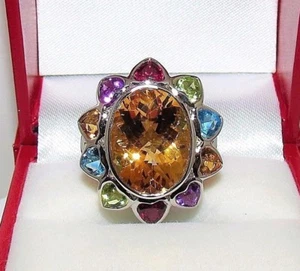 COLORFUL 14K WHITE GOLD CITRINE & MULTI-GEMSTONE HEART RING 9.60G - Picture 1 of 6