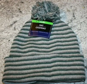 KID'S STRIPED WINTER POM POM HAT GREEN & GRAY STRIPPED WARM NEW BOY'S GIRL'S - Picture 1 of 2
