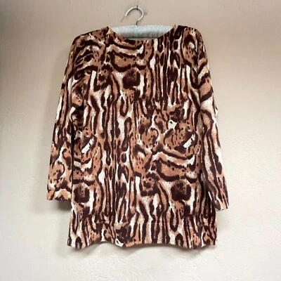 Suéter Pullover Talbots Mujer Leopardo Pura Lana Merino Manga 3/4 XL Marrón Foto 1 de 4