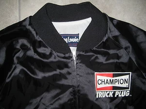 Vintage CHAMPION TRUCK SPARK PLUG Official Racing Tags Black Jacket USED LARGE - Picture 1 of 12