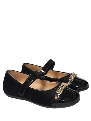 NIB NEW Moschino Girls Black Fur with Patent Cap Toe Logo Flats 24 US 8 - Image 1 of 4