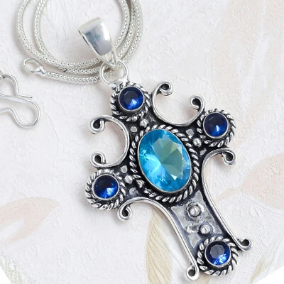 Colgante Joyería Tanzanita Azul Topacio Azul Suizo Plata de Ley 925 Cruz de Hombre Foto 1 de 4