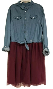 Guess Girl Sz14 Blue Denim Cotton Top Button Dress Purple Tulle Skirt Sleeves PO - Picture 1 of 12