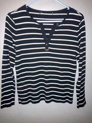 Ralph Lauren Nautical Vneck Striped Navy Blue/White Shirt Size S - Image 1 of 4