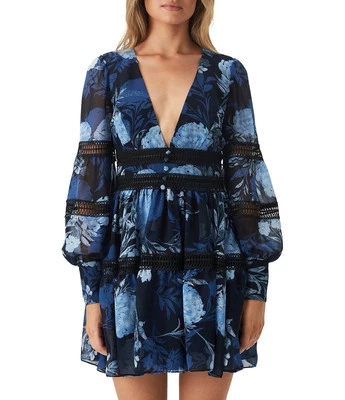 Bardot Hallie Blue Black Floral Mini Dress Lace V Neck Button Long Sleeve 6 Med - Image 1 of 4