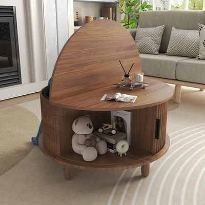 Wooden Coffee Table w/Storage Round & Sliding Cabinet Door for Home Living Room✅ - Image 1 of 4