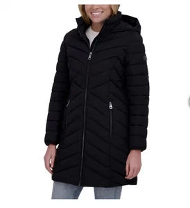 DKNY Women's Size XXL Black Puffer Coat Full Zip Hood Polyester Chevron Pattern - Picture 1 of 6