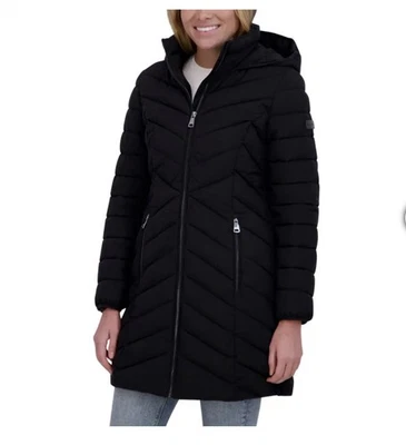 DKNY Women's Size XL Black Puffer Coat Full Zip Hood Polyester Chevron Pattern - Image 1 of 4