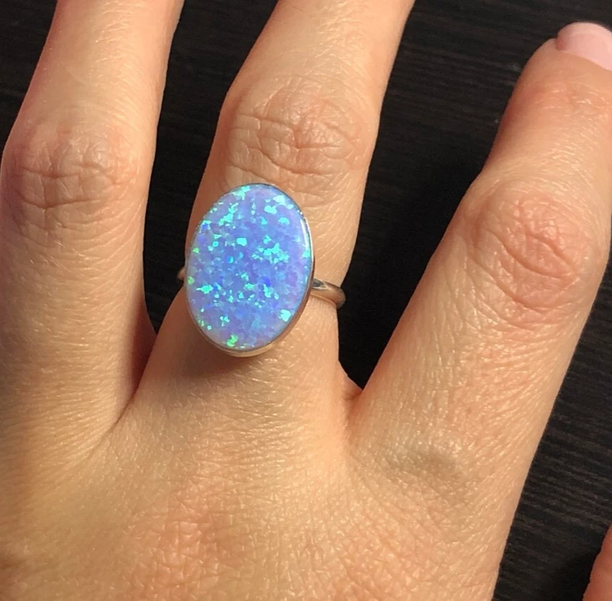 Beautiful Lite Blue opal 925 Solid Sterling Silver Ring Jewelry For Women's - Image 1 of 3
