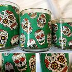 SET OF 3 DAY OF THE DEAD SUGAR CANDY SKULL GREEN CANDLE HOLDERS VASE CANDY DISH