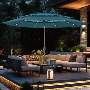 10FT 3 Tier Patio Umbrella LED Lights Solar Market Umbrella w/Tilt Crank Outdoor - Picture 1 of 8