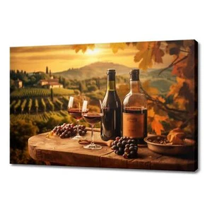 Vintage Bottles Of Wine With Grapes Tuscany Winery Sunset Canvas Print Art - Picture 1 of 10