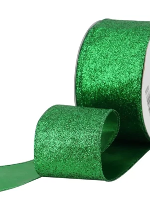 Green 2.5" by 3 yd Solid Wired Ribbon Shimmering Metallic Glittered Christmas - Image 1 of 4