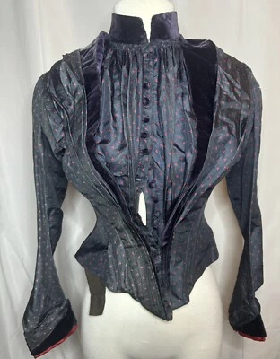 VINTAGE 1890s VICTORIAN ANTIQUE BONED BODICE VELVET CLOVER PRINT MME CLERO PARIS - Image 1 of 4