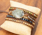 Boho Natural Gray Agate Healing Stone 5 Strands Leather Wrap Bracelet