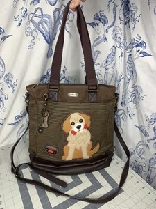 Chala Canvas Work Tote Crossbody Striped Brown Key Fob Dog w/ Bone 12X14” Purse - Picture 1 of 15