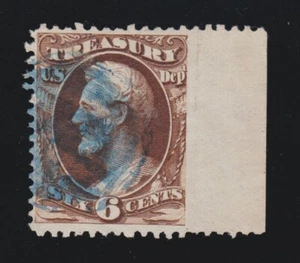 US O75 6c Treasury Department Official Used Imperf w/ Blue Cancel - Picture 1 of 2