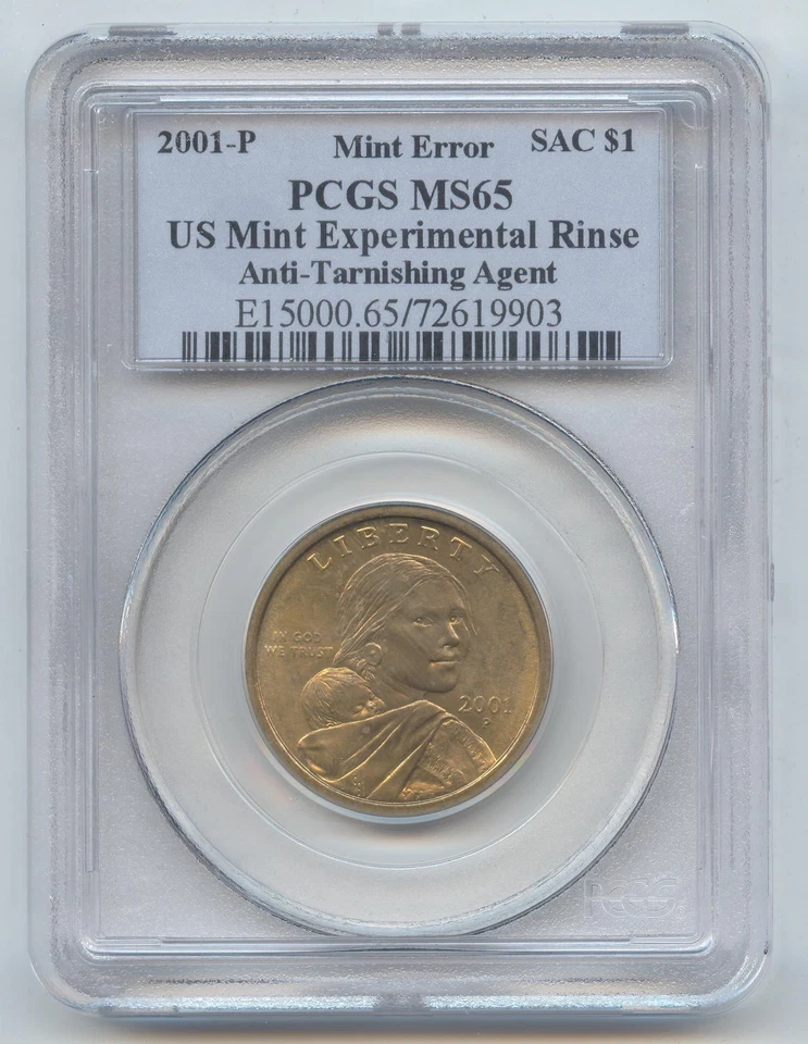 2001-P Sacagawea Dollar, Mint Error Experimental Rinse, Anti-Tarnish, PCGS MS-65 - Image 1 of 2