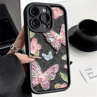 Butterfly Flower For iPhone 16 15 14 13 Pro Max 12 11 8 Silicone Soft Case Cover - Image 1 of 4