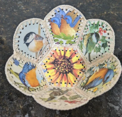 Vintage Handmade Crochet Mother’s Day Greeting Card Storage Basket 1940's, Birds - Image 1 of 4