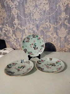 Three Famille Rose Collectable Antique Plates Pale Blue Flowers And Butterflies - Picture 1 of 17