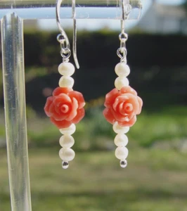 Carved Coral flower Freshwater seed pearls Sterling Silver drop Earrings Boxed - Picture 1 of 5