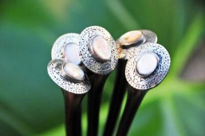 PIN PALO DE JOYERÍA PARA EL CABELLO Ovalado CÁSCARA DE ABULÓN Acero Inoxidable Madera Sono NUEVO Foto 1 de 4