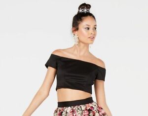 $129 Trixxi Womens Juniors' Black Short Sleeves Off-The-Shoulder Crop Top Size 1