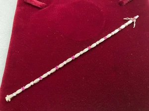 925 Sterling Silver Pink and Clear Rhinestone Panel Tennis Bracelet 7" Prong Set - Picture 1 of 12