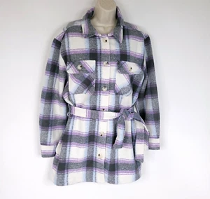 Terra Sky Womens Fleece Shirt Jacket 0X Purple Gray Plaid Long Sleeve Tied - Picture 1 of 9