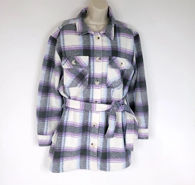 Terra Sky 女式羊毛衬衫夹克 0X 紫色灰色格子长袖绑带 — 第 1/4 张图片